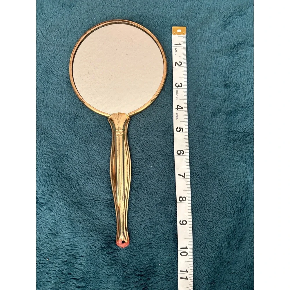 Vintage Floral Hand Mirror Gold Tone Metal Fluted Handle Round Vanity Mirror